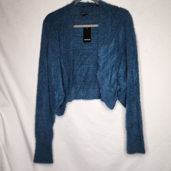 5X 28W Torrid Blue Shrug Eyelash Sweater Bolero Textured Knit Crop 90s Y2K Fuzzy - Picture 4 of 8